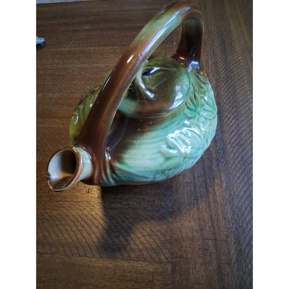 MCCOY POTTERY TEA POT DAISY 1940'S GREEN BROWN GENIE STYLE 7 X 10 VINTAGE